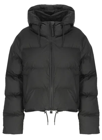 Rains Alta Puffer Black Quilted Hooded Short Down Jacket In Multi