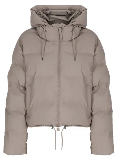 Rains Alta Puffer Greige Quilted Hooded Short Down Jacket In Brown