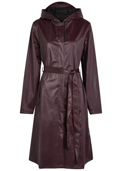 Rains Belted Hooded Longline Waterproof Jacket In Burgundy