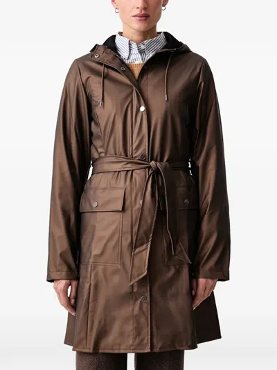 Rains Curve Belted Hooded Coat In Brown