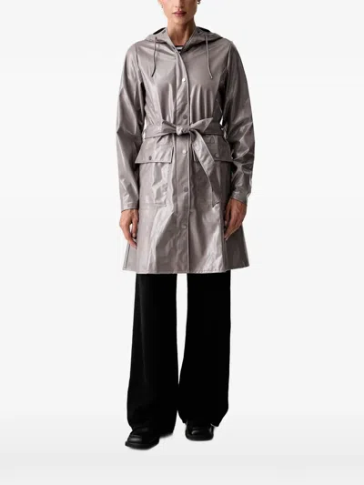 Rains Curve Belted Hooded Jacket In Gray