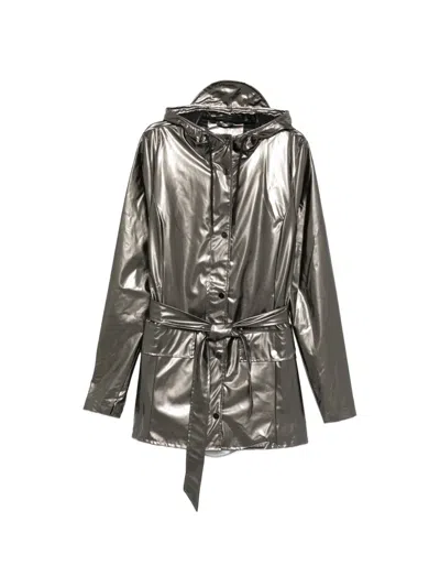 Rains Curve Belted Hooded Jacket In Silver