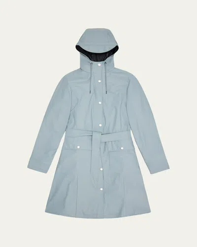 Rains Curve Belted Trench Coat With Drawstring Hood In Blue