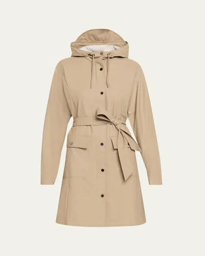 Rains Curve Belted Trench Coat With Drawstring Hood In Neutral