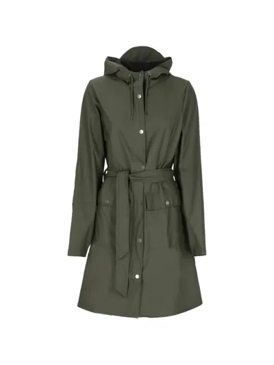 Rains Curve Hooded Belted Coat In Green