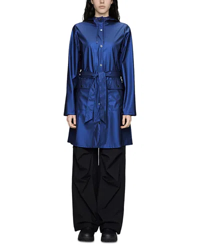 Rains Curve Hooded Belted Waterproof Jacket In Blue