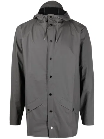 Rains Drawstring-hooded Buttoned Rain Jacket In Grey