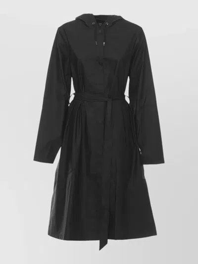 Rains Hooded Raincoat Belted Long Sleeves Pockets In Black