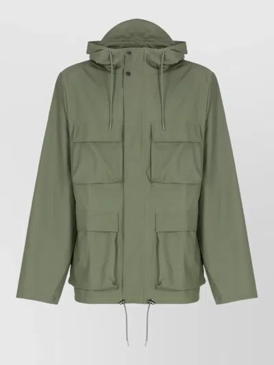 Rains Hooded Waterproof Jacket Long Sleeves Pockets Drawstring In Green