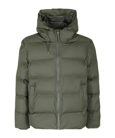 Rains Puffer Jacket Hooded Drawstring Quilted Pockets In Green
