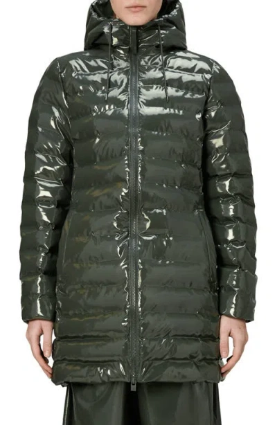 Rains Lohja Curve Waterproof Long Puffer Jacket In Green