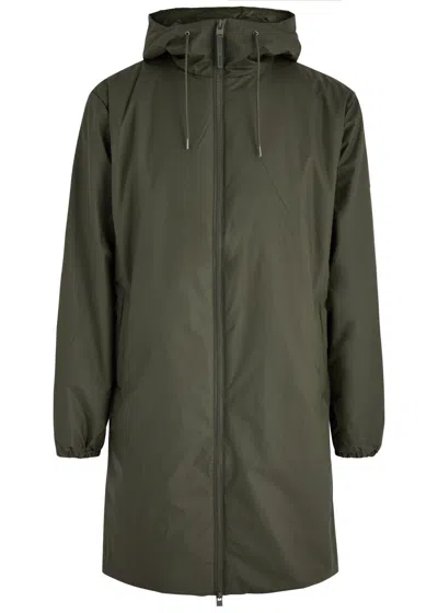Rains Lohja Longer Hooded Rubberised Jacket In Green