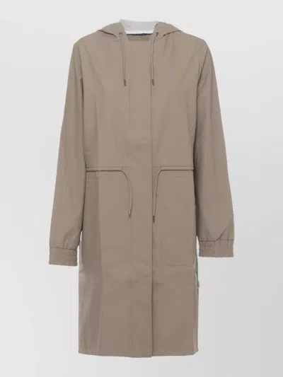 Rains Long Hooded Raincoat Crew Neck Drawstring Waist In Neutral