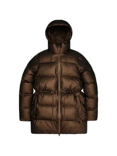 Rains Quilted Drawstring Coat In Brown