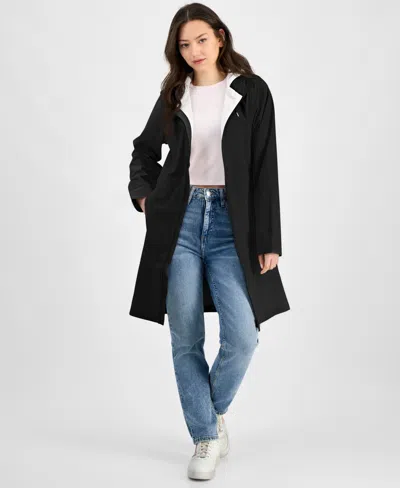 Rains Women's Long Zip-front Hooded Rain Coat In Black