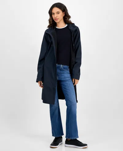 Rains Women's Long Zip-front Hooded Rain Coat In Blue