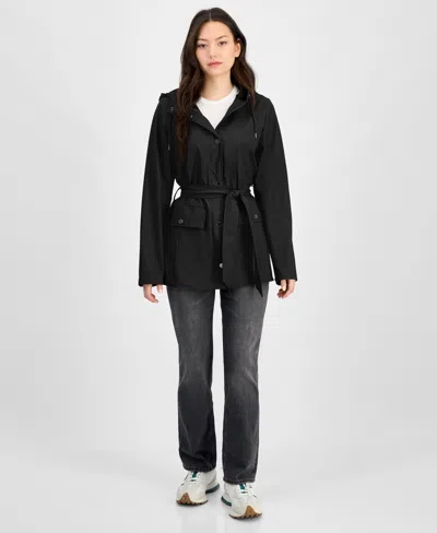Rains Women's Tie-waist Snap-front Hooded Rain Coat In Black