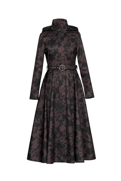 Rainsisters Women's Brown Floral Coat With A-line Skirt: Brocade Dusk