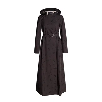 Rainsisters Women's Long Brown Coat In Trapeze Cut With Black Floral Print: Velvet Leaves