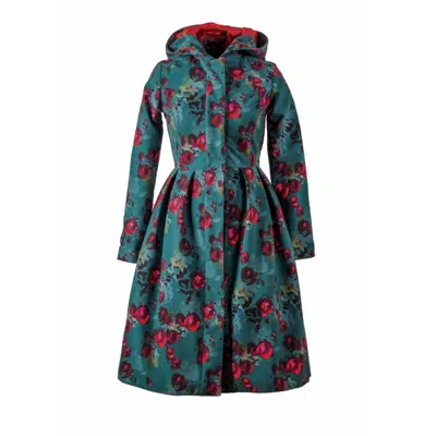 Rainsisters Women's Red / Green Emerald Green Waterproof Coat With Roses: Rosalie In Red/green