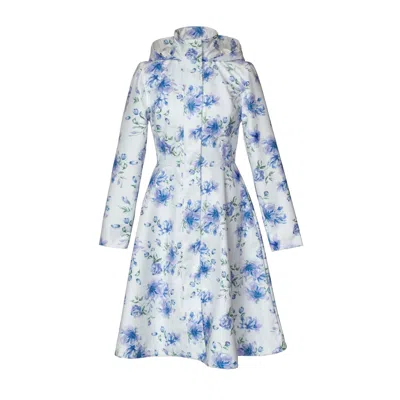 RAINSISTERS WOMEN'S WHITE KNEE LENGTH COAT WITH BLUE FLOWER PRINT: FLORAL WHITE