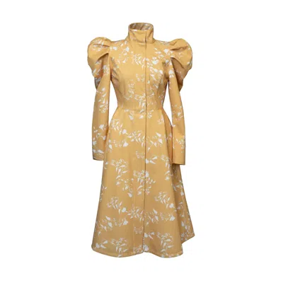 Rainsisters Women's Yellow / Orange Yellow Coat With Balloon-styled Sleeves And White Floral Print: Majestic Yel In Yellow/orange