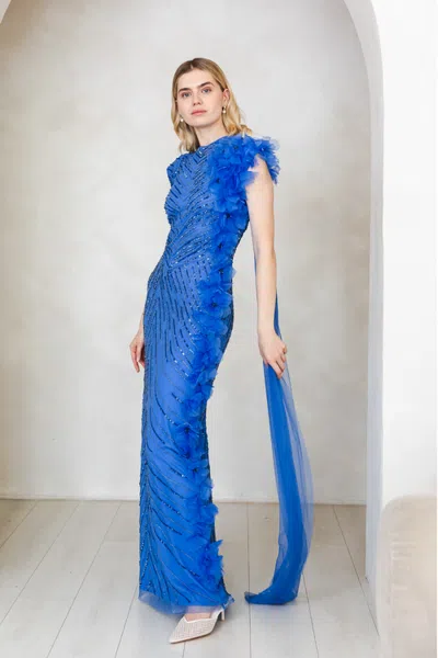 Raishma Camille Embellished Ruffle Maxi Gown In Blue