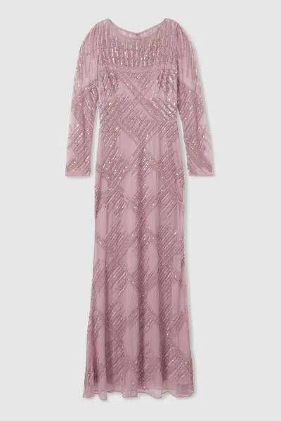 Raishma Pink Embellished Mesh Sheer Sleeve Maxi Dress