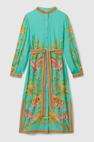 Raishma Silk Printed Belted Midi Dress In Sky Blue