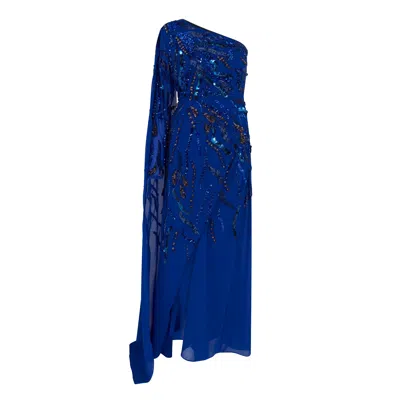 Raishma Women's Astrid A One Shoulder With A Dramatic To-the-floor Draped Georgette Train, Falling From The In Blue