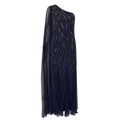 Raishma Women's Blue Navy Mila Cut As One Shoulder With A Dramatic To-the-floor Draped Train, Falling From T
