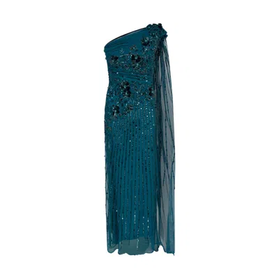 Raishma Women's Blue Teal Sorrel A Flattering Ruched One Shoulder Neckline & A Floor Length Stole On One Sid
