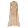 Raishma Women's Neutrals Shantel Neutral  High Neck & Geometric Beading Throughout Body & Cape Sleeves Gown In Brown