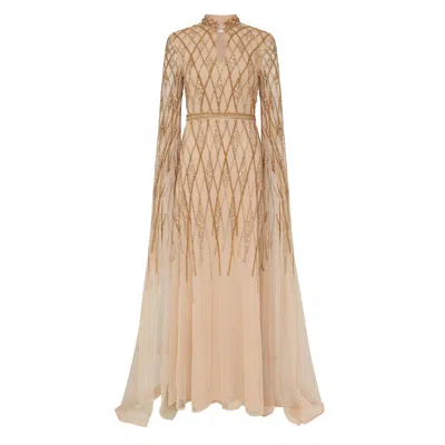 Raishma Women's Neutrals Shantel Neutral  High Neck & Geometric Beading Throughout Body & Cape Sleeves Gown In Brown