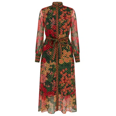 Raishma Women's Olive Floral Long Sleeve Belted Shirt Midi Dress In Dark Orange & Green Dress