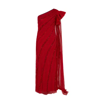 Raishma Women's Red Blossom A One Shoulder Floor Length With An Attached Stole With Frill On The Shoulder Go