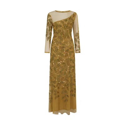 Raishma Women's Sally A Long Sleeve Floor-length Gown With An Asymmetrical Sheer Neckline, Tonal Beading & F In Green