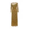 Raishma Women's Sally A Long Sleeve Floor-length Gown With An Asymmetrical Sheer Neckline, Tonal Beading & F In Yellow