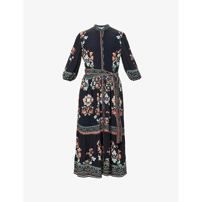 Raishma Womens Raina Floral-pattern Belted Silk Midi Dress Black