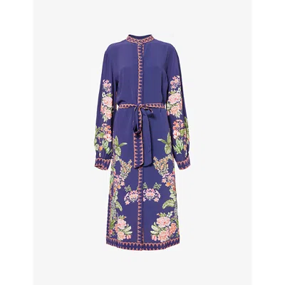 Raishma Womens Lola Floral-pattern Silk Midi Dress Navy Blue