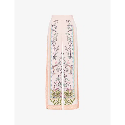 Raishma Womens Charlotte Floral-pattern Wide-leg Silk Trousers Peach