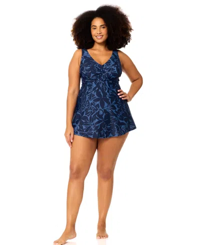 Raisins Curve Plus Size Lucia V-neck One-piece Swim Dress In Blue
