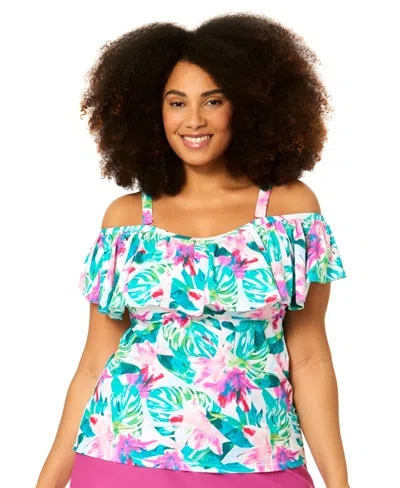 Raisins Curve Plus Size Tortuga Bandeau Neck Swim Tankini Top In Blue