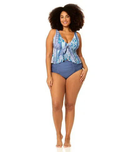 Raisins Curve Plus Size Underwire Topanga Ruffled Swim Tankini Top In Blue