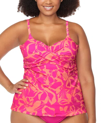 Raisins Curve Trendy Plus Aries Printed Ruched-front Tankini In Pink Multi