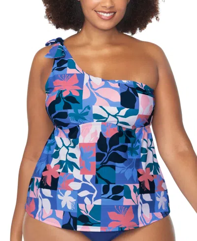 Raisins Curve Trendy Plus Marita Printed One-shoulder Tankini In Slate Multi