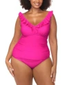 Raisins Curve Trendy Plus Size Andressa Ruffled Tankini Top Costa Ruched Bikini Bottoms In Pink