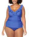 Raisins Curve Trendy Plus Size Andressa Ruffled Tankini Top Costa Ruched Bikini Bottoms In Slate