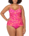 Raisins Curve Trendy Plus Size Aries Underwire Tankini Top Costa Ruched Bikini Bottoms In Pink Multi