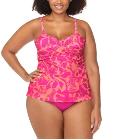 Raisins Curve Trendy Plus Size Aries Underwire Tankini Top Costa Ruched Bikini Bottoms In Pink Multi
